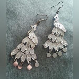 Vintage Silver Peacock Dangle Earrings
